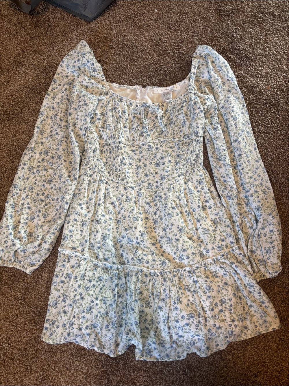 Altar’d State Blue Floral Long-Sleeve Ruffle womens Dress new with tags small